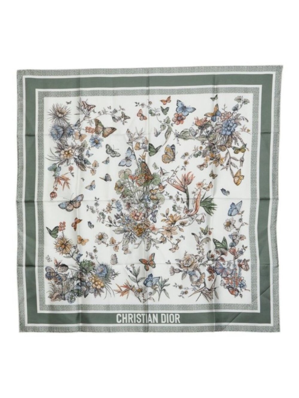 Dior Toile de Jouy Mexico Papillon Flower Scarf Large White Green Silk